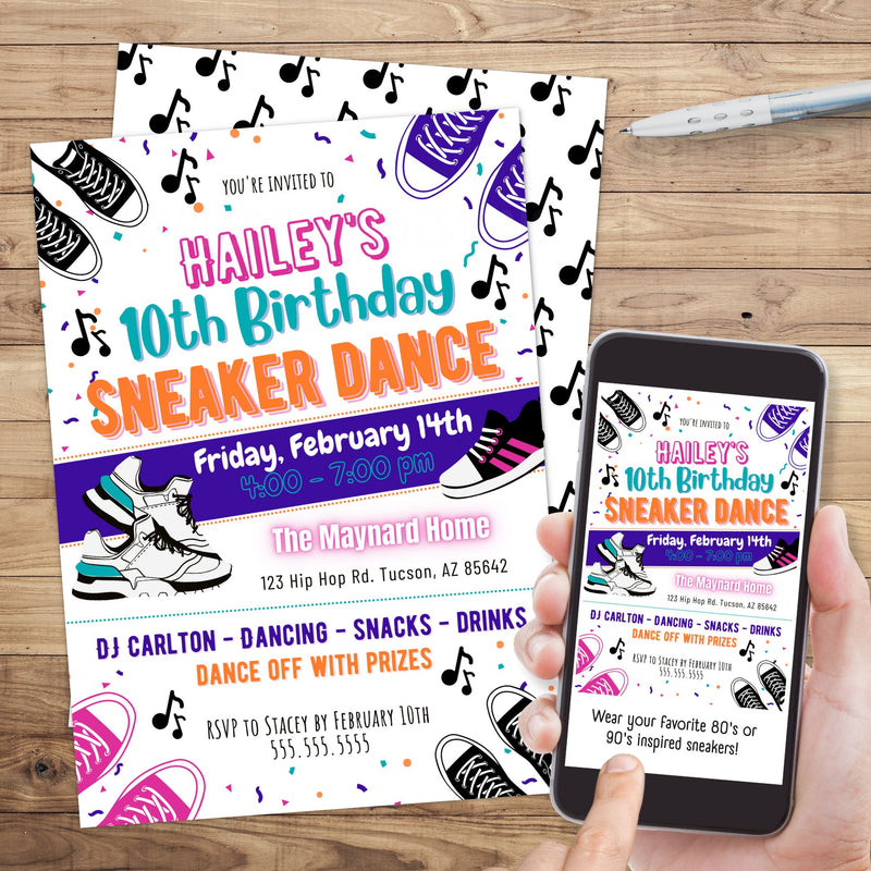 colorful sneaker dance party invitation with personalized text and music theme