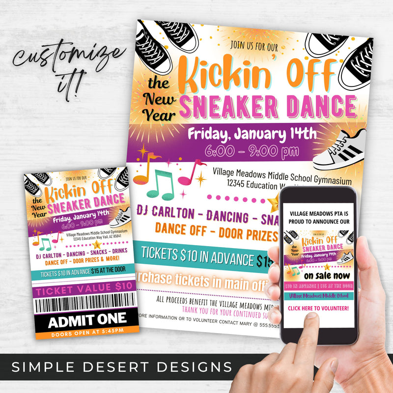 sneaker dance flyer ticket and social media templates for schools