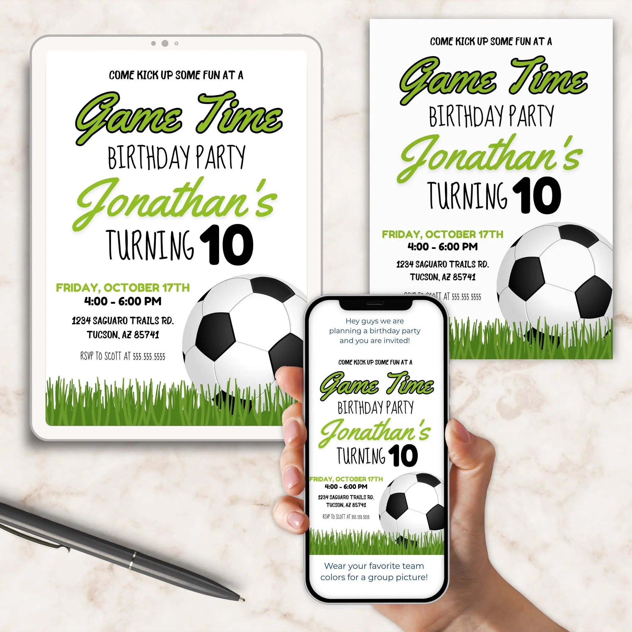 Soccer-themed birthday party invitations on a tablet, phone, and paper with a pen.