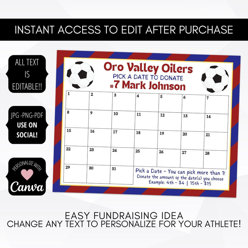 editable printable soccer cash calendar sports fundraiser school team club athletic fundraising idea