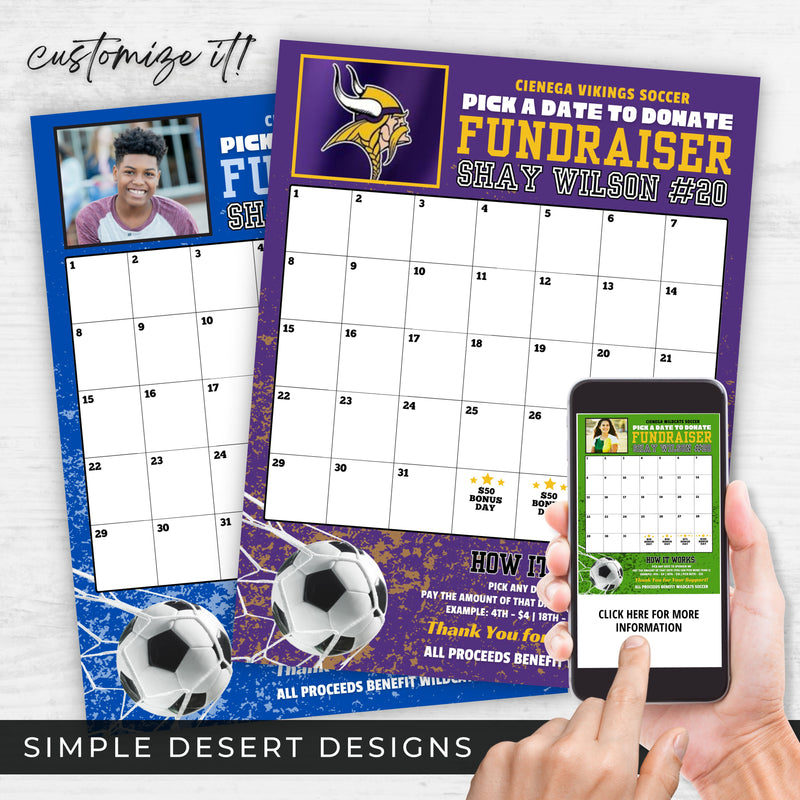 customizable soccer fundraiser calendar with customizable grunge pattern and photo logo space