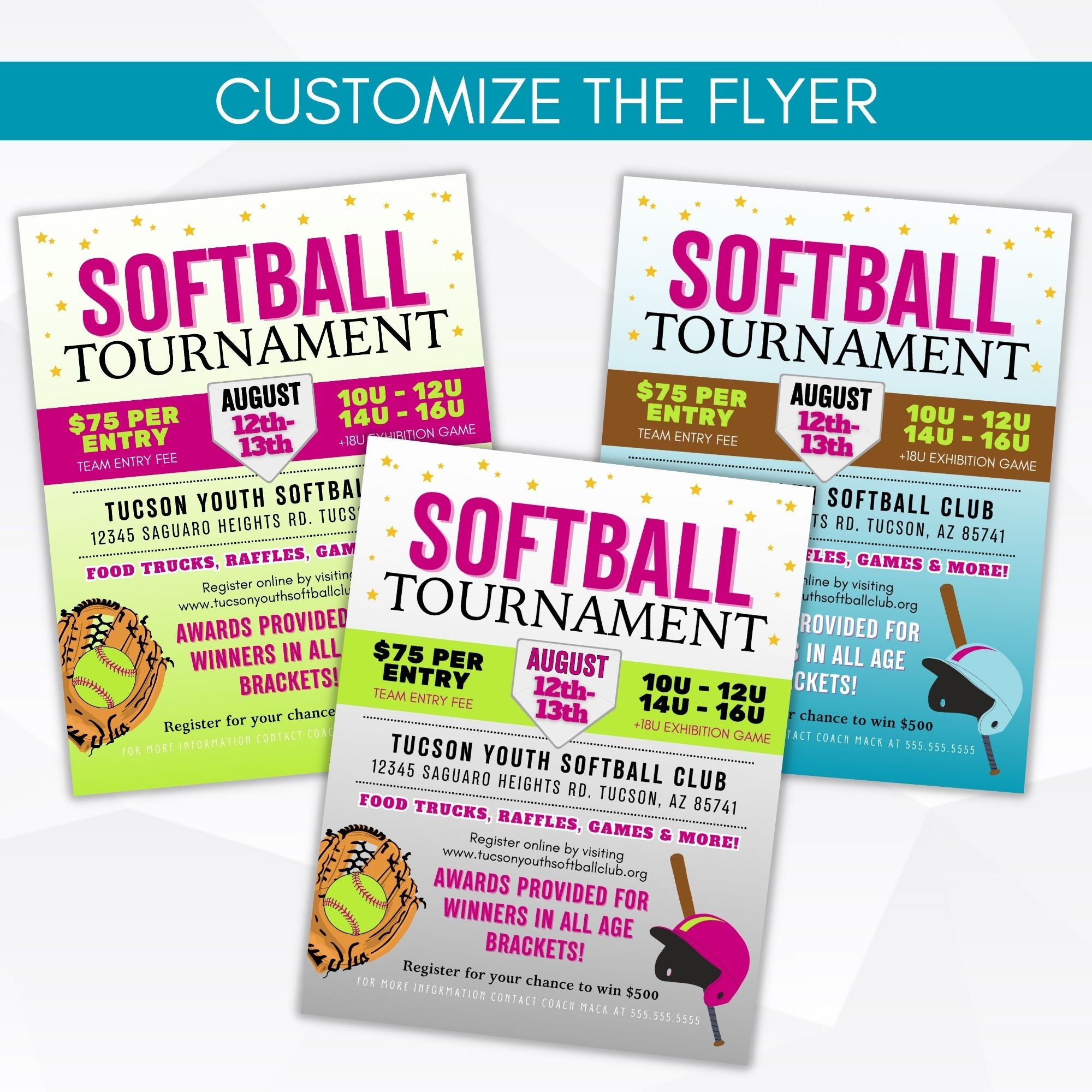 Three customizable softball tournament flyers with different color schemes and designs.