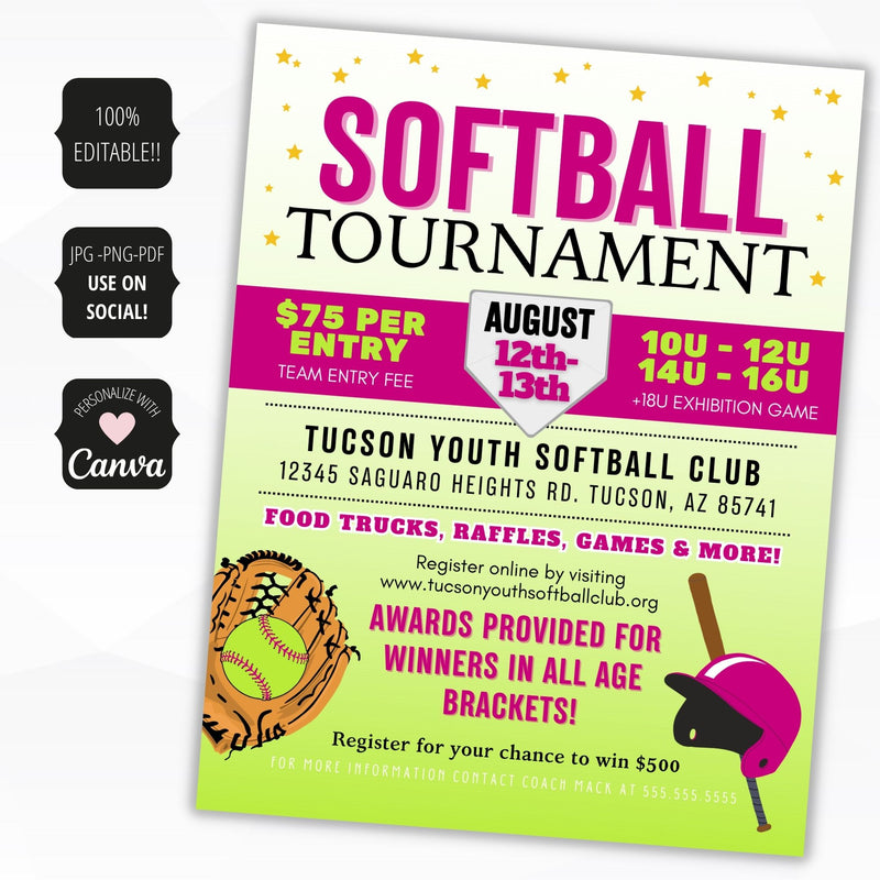 Softball tournament flyer with event details and graphics on a white background