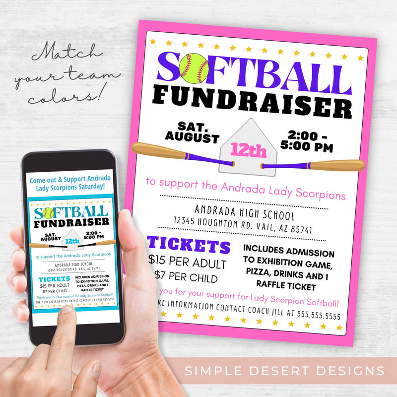 Poster for a softball fundraiser with event details and a hand holding a phone displaying the same poster.