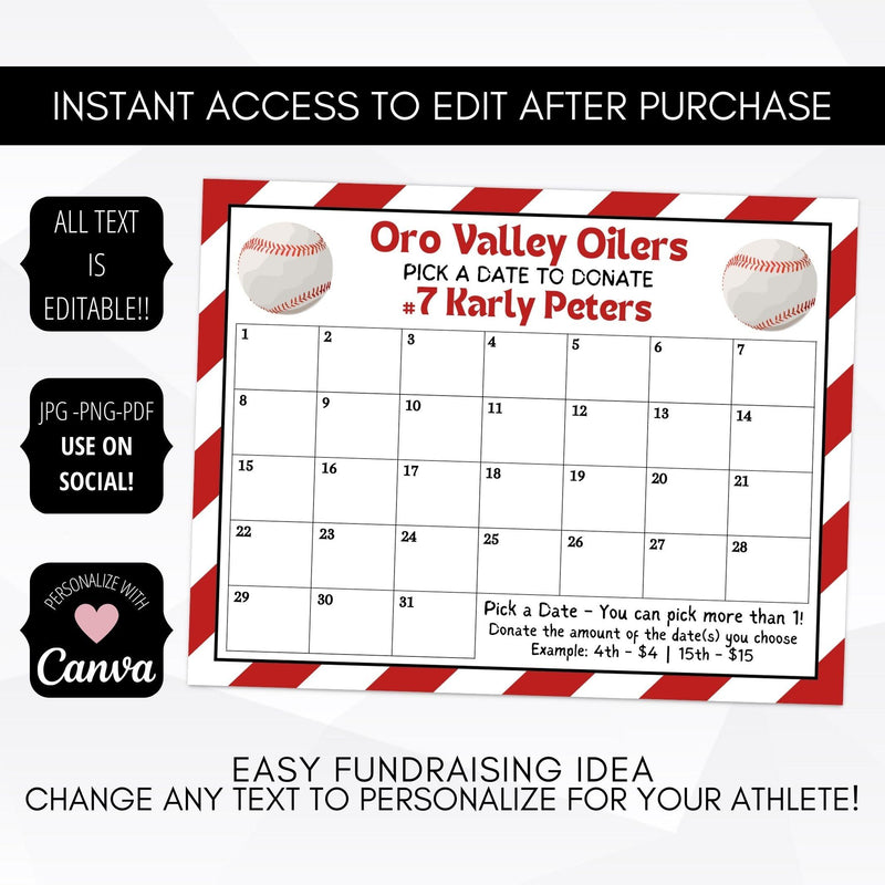 editable printable baseball softball cash calendar sports fundraiser school team club athletic fundraising idea