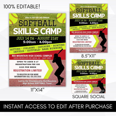athletic booster softball camp fundraising event flyer poster sign marketing set