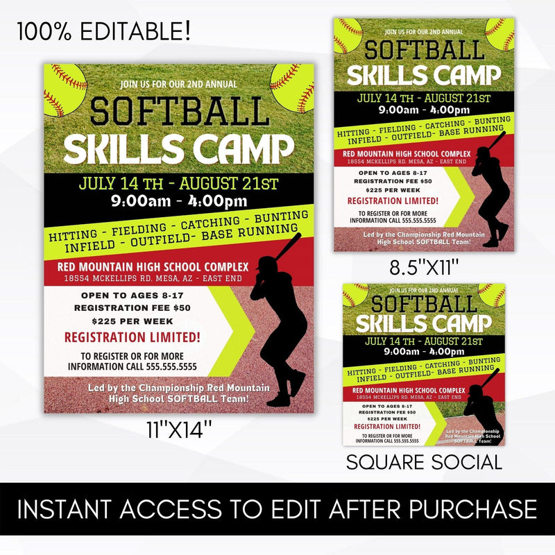 athletic booster softball camp fundraising event flyer poster sign marketing set