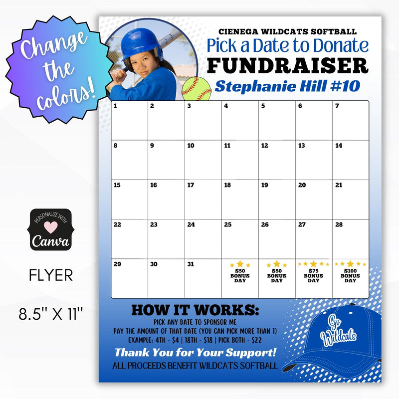 sofball team calendar fundraiser with customizable colors and text