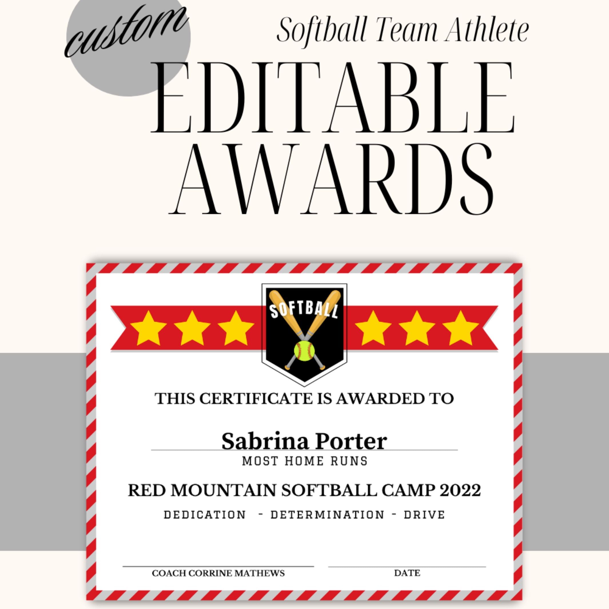 personalized softball certificates and awards with custom colors and text for busy coaches and team moms end of season banquet gifts