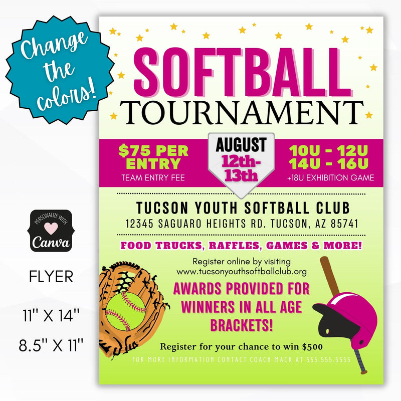 Flyer for a softball tournament with colorful design elements.