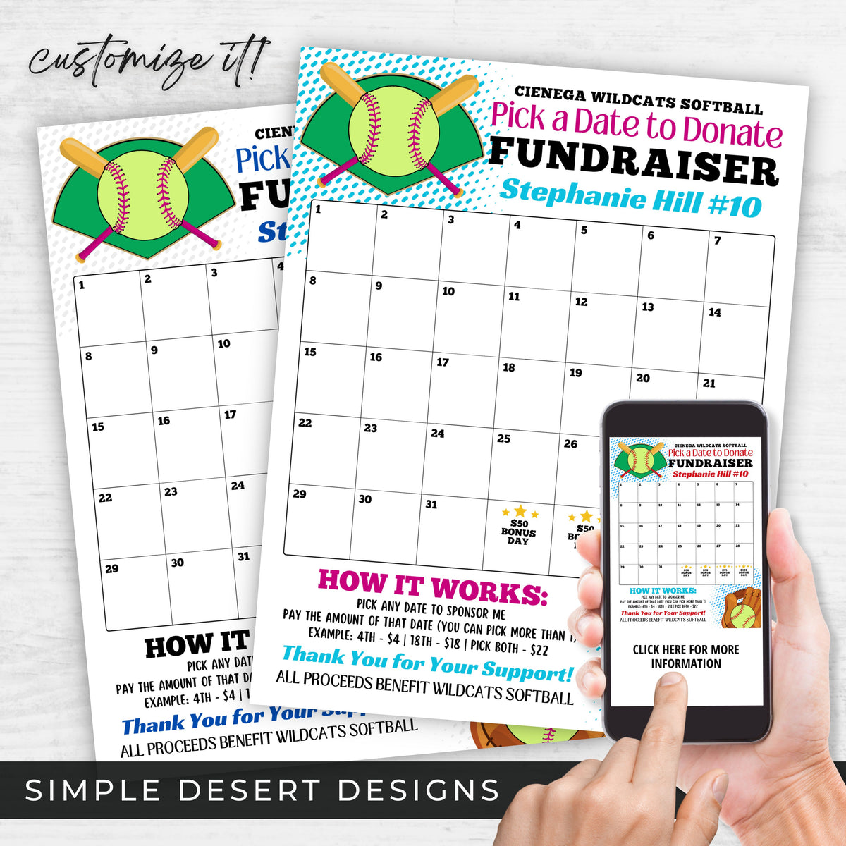 Editable Softball Fundraiser Calendar - Simple Desert Designs