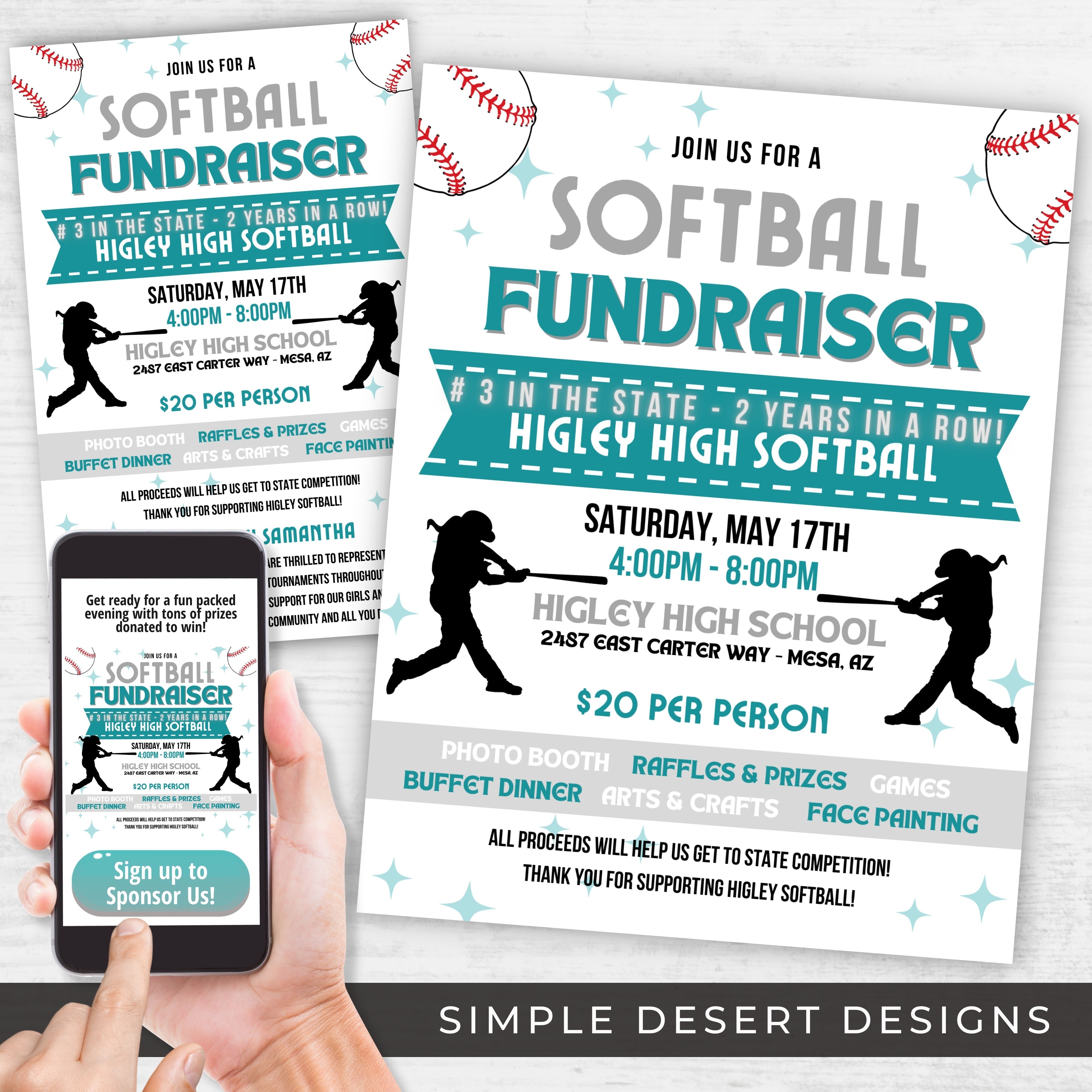 softball fundraiser flyers bundle with social media template for digital and printed invitations