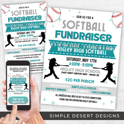 softball fundraiser flyers bundle with social media template for digital and printed invitations