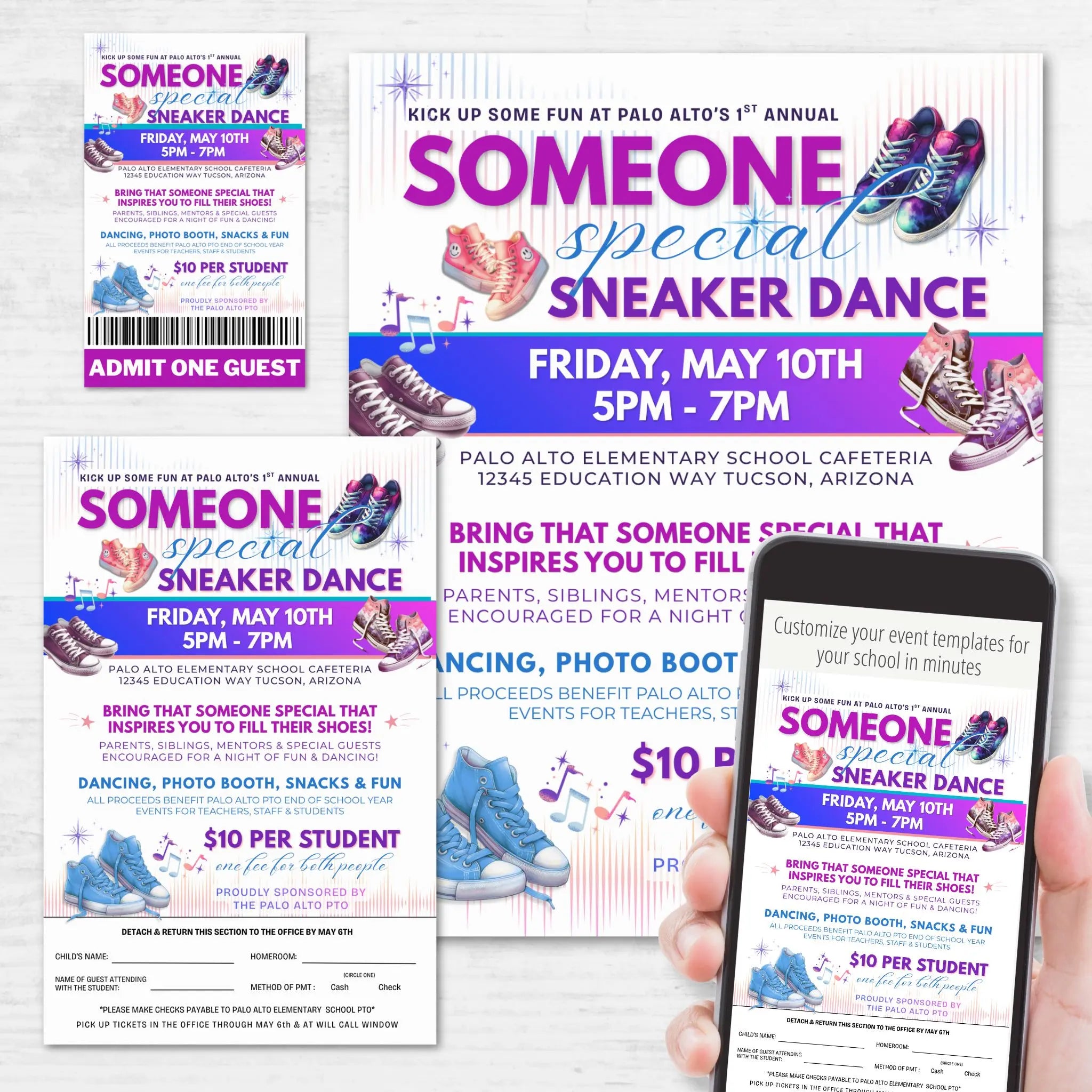 Promotional flyer for a 'Someone Special Sneaker Dance' event with sneaker graphics and ticket design.