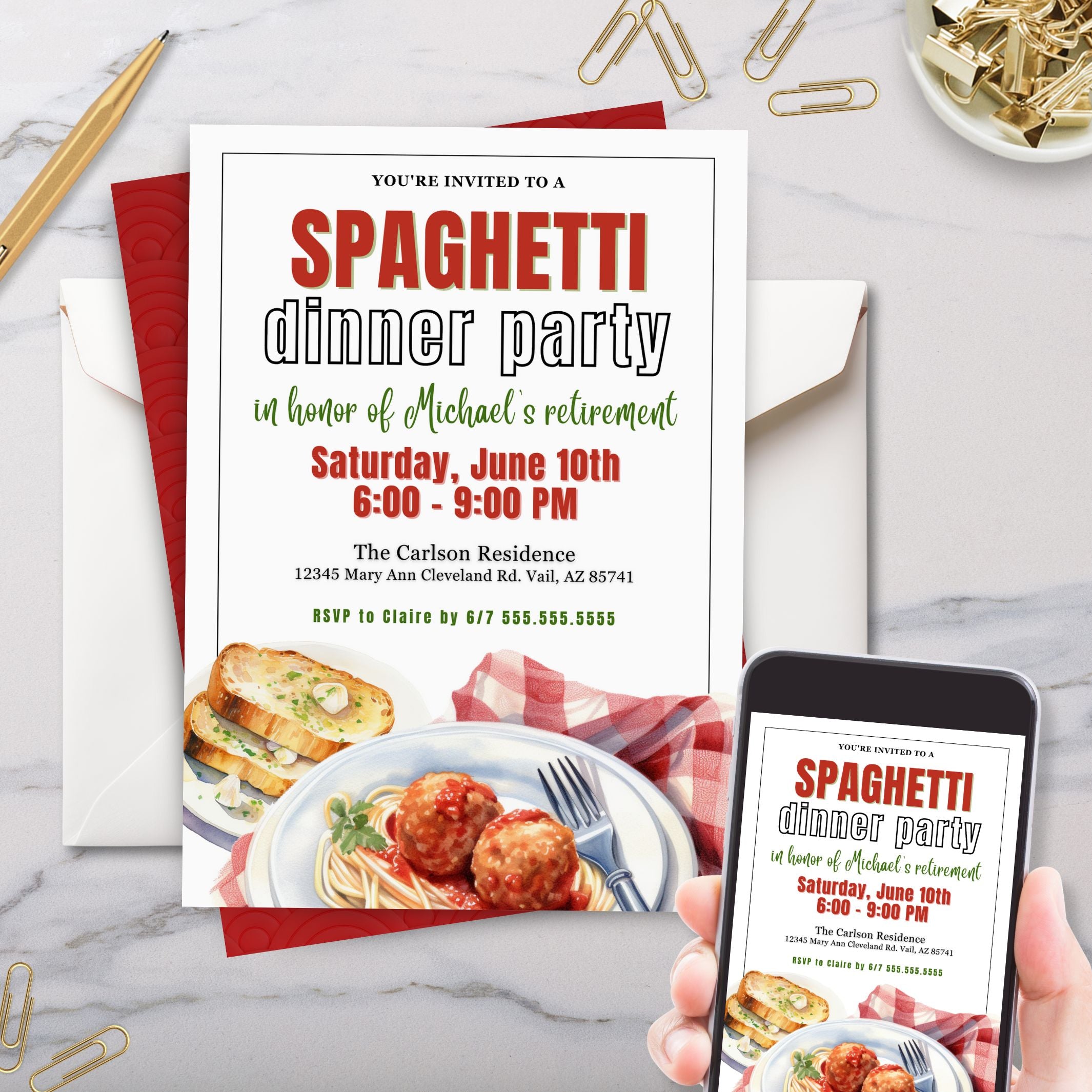 Spaghetti dinner party invitation with food images on a marble surface.