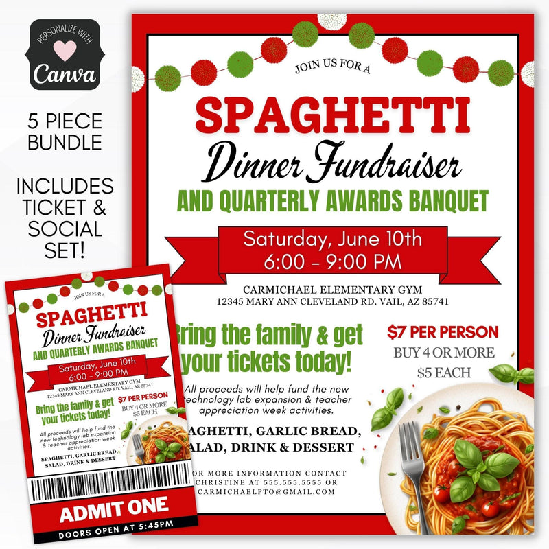 Editable Spaghetti Fundraiser Flyer & Ticket Template - Simple Desert ...