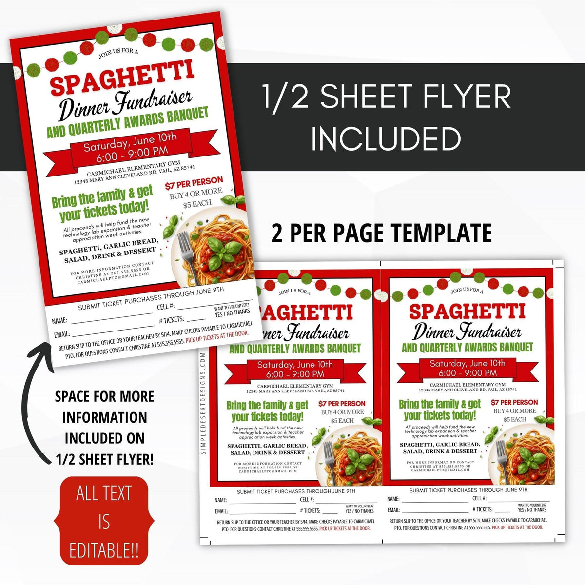 Editable Spaghetti Fundraiser Flyer & Ticket Template - Simple Desert ...