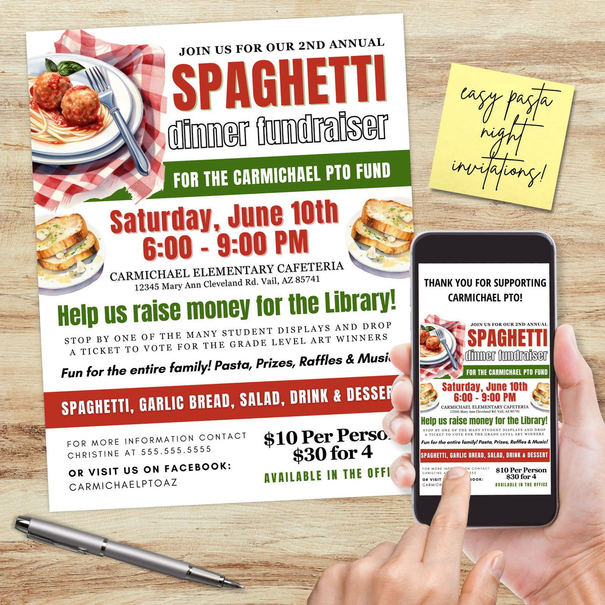 Editable Pasta Fundraiser Flyer Template - Simple Desert Designs