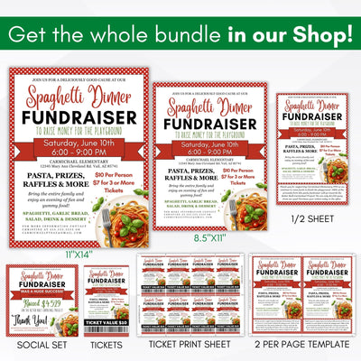 get the entire bundle of spaghetti dinner fundraiser flyers, tickets, social media posts and more for one low price
