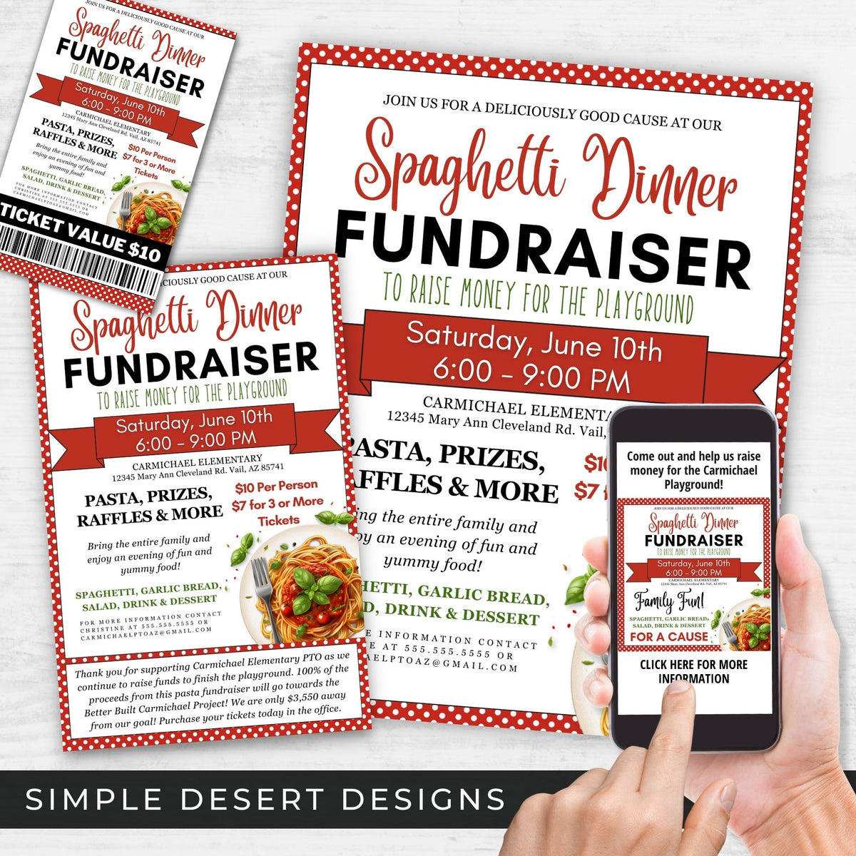 Spaghetti Fundraiser Flyer & Ticket Set - Simple Desert Designs