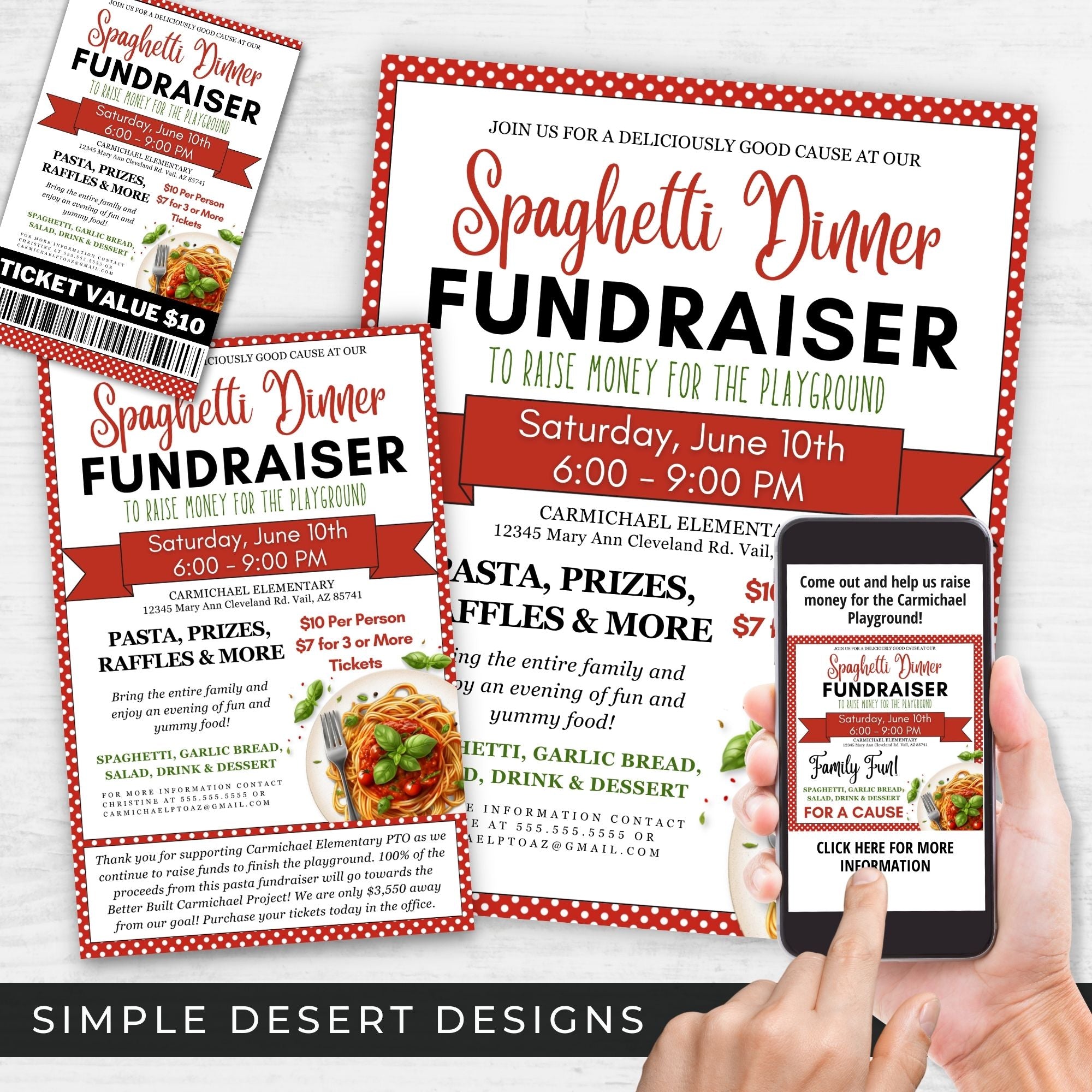 spaghetti fundraiser flyers invitations and tickets bundle for schools and charity events