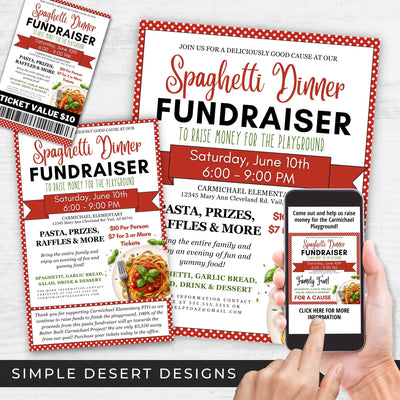 spaghetti fundraiser flyers invitations and tickets bundle for schools and charity events