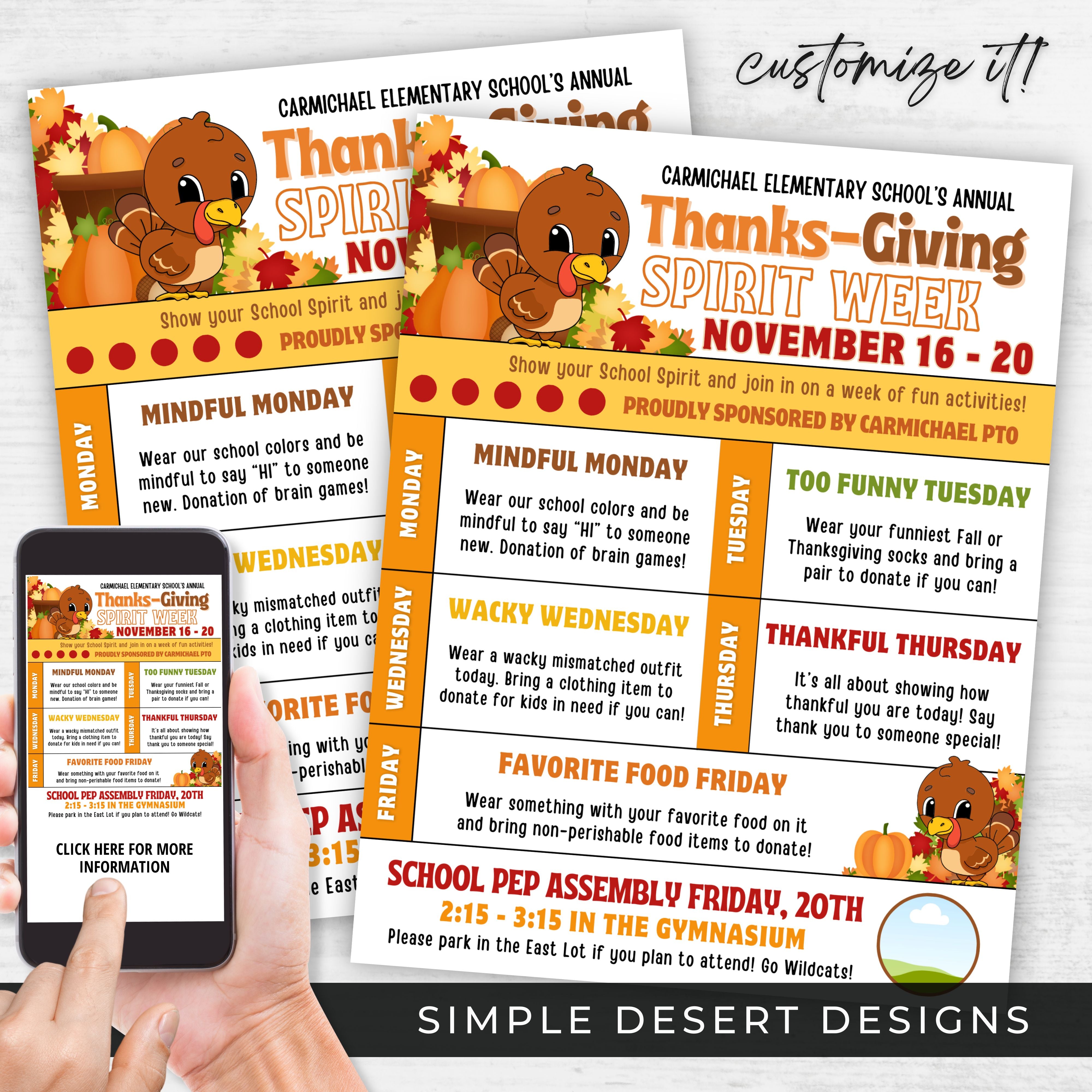 customized thanksgiving week spirit week itinerary schedule flyer for schools work church morale booster