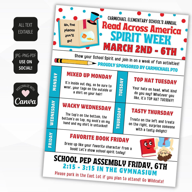 cute read across america week spirit days ideas on bright colorful flyer
