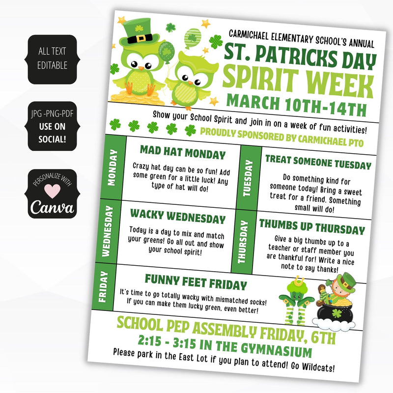 cute st patricks day spirit week flyers