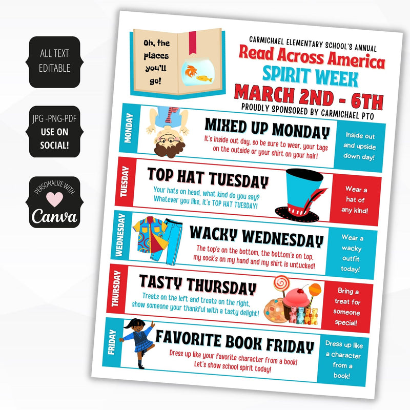 customizable spirit week flyer for literacy