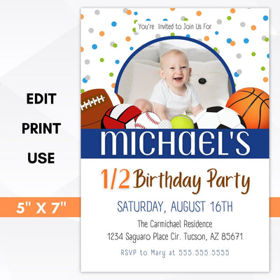 Sports Theme Half Birthday Party Invite