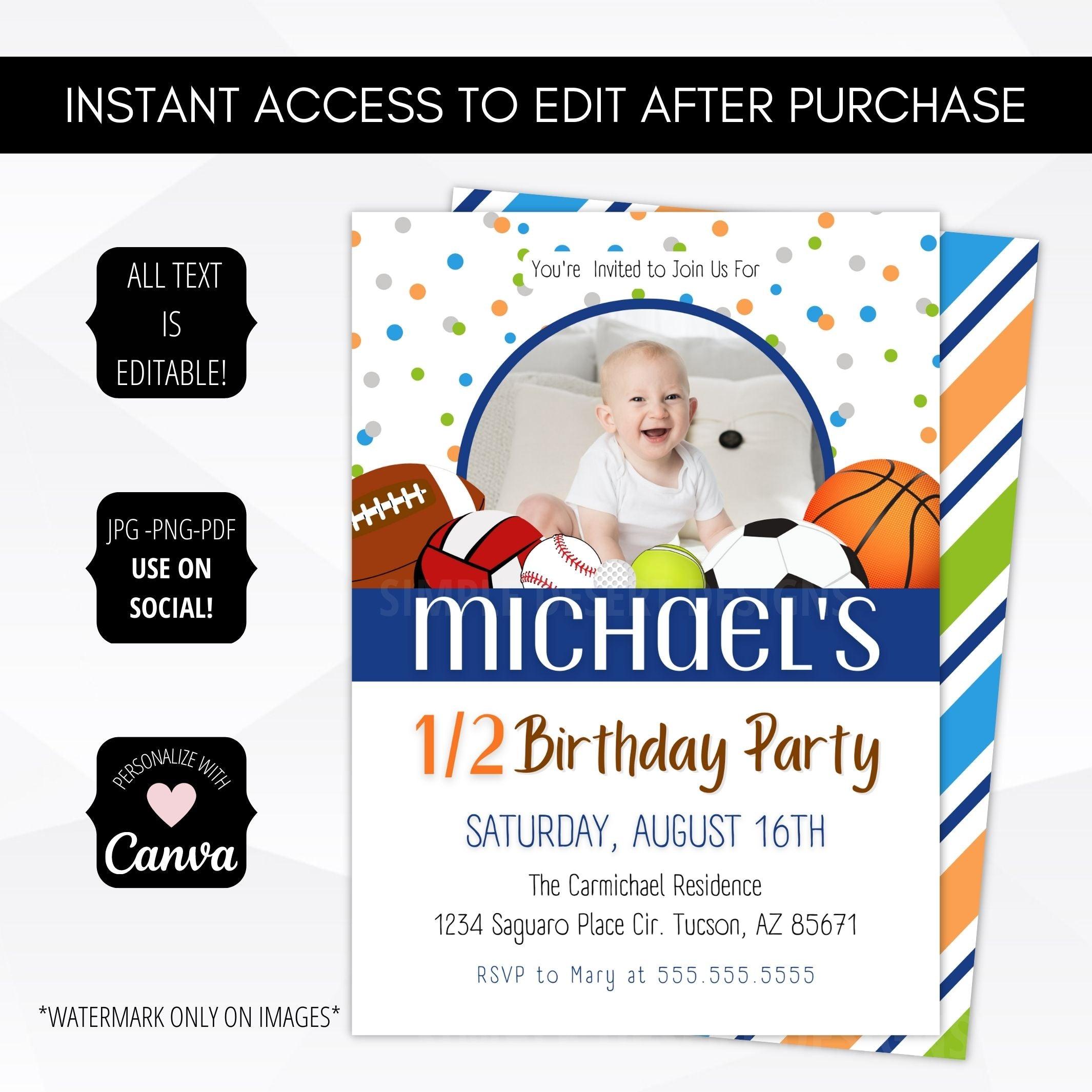 Sports Theme Half Birthday Party Invite