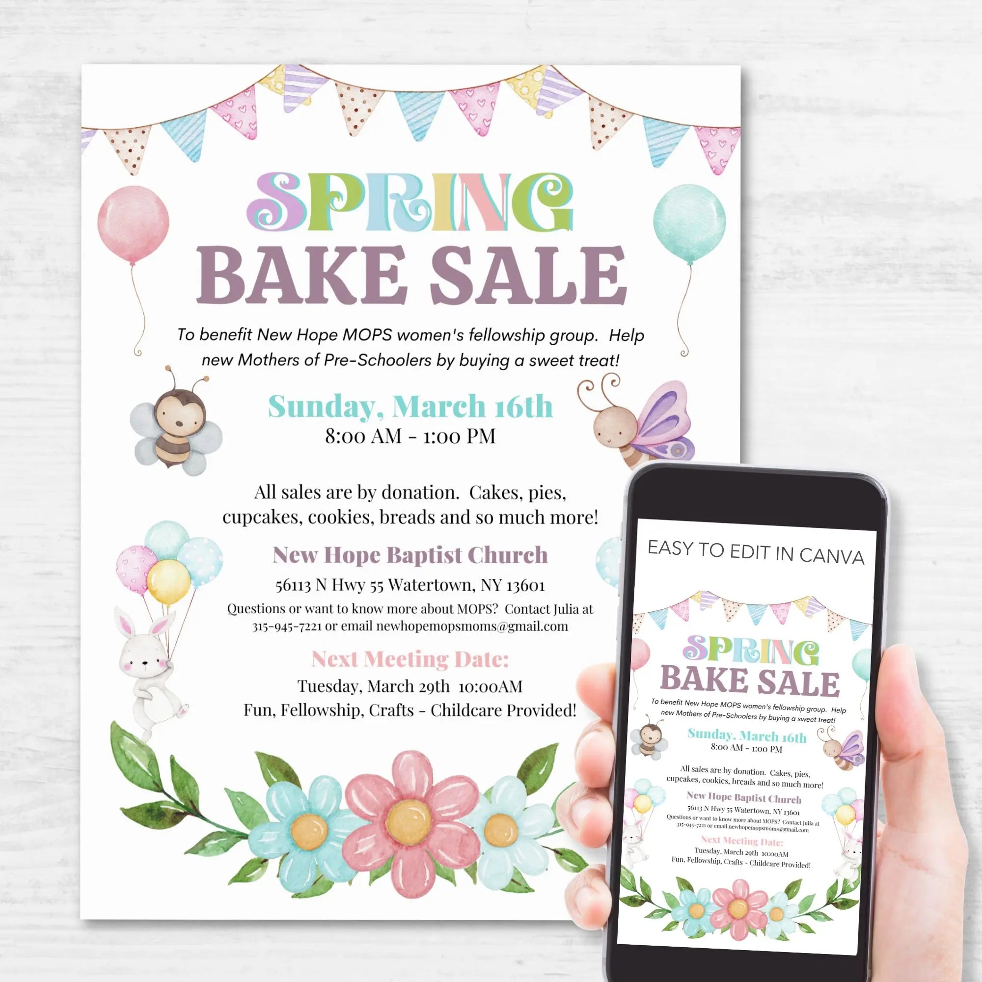 Spring bake sale flyer on white wood surface and phone with pastel watercolor bee, bunny, butterfly, balloons, and spring florals representing an editable bake sale flyer template.