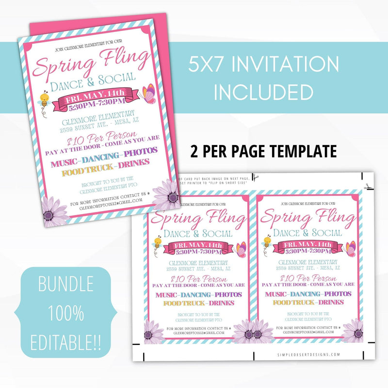 spring fling invitation template daddy daughter dance editable template school pto church community center