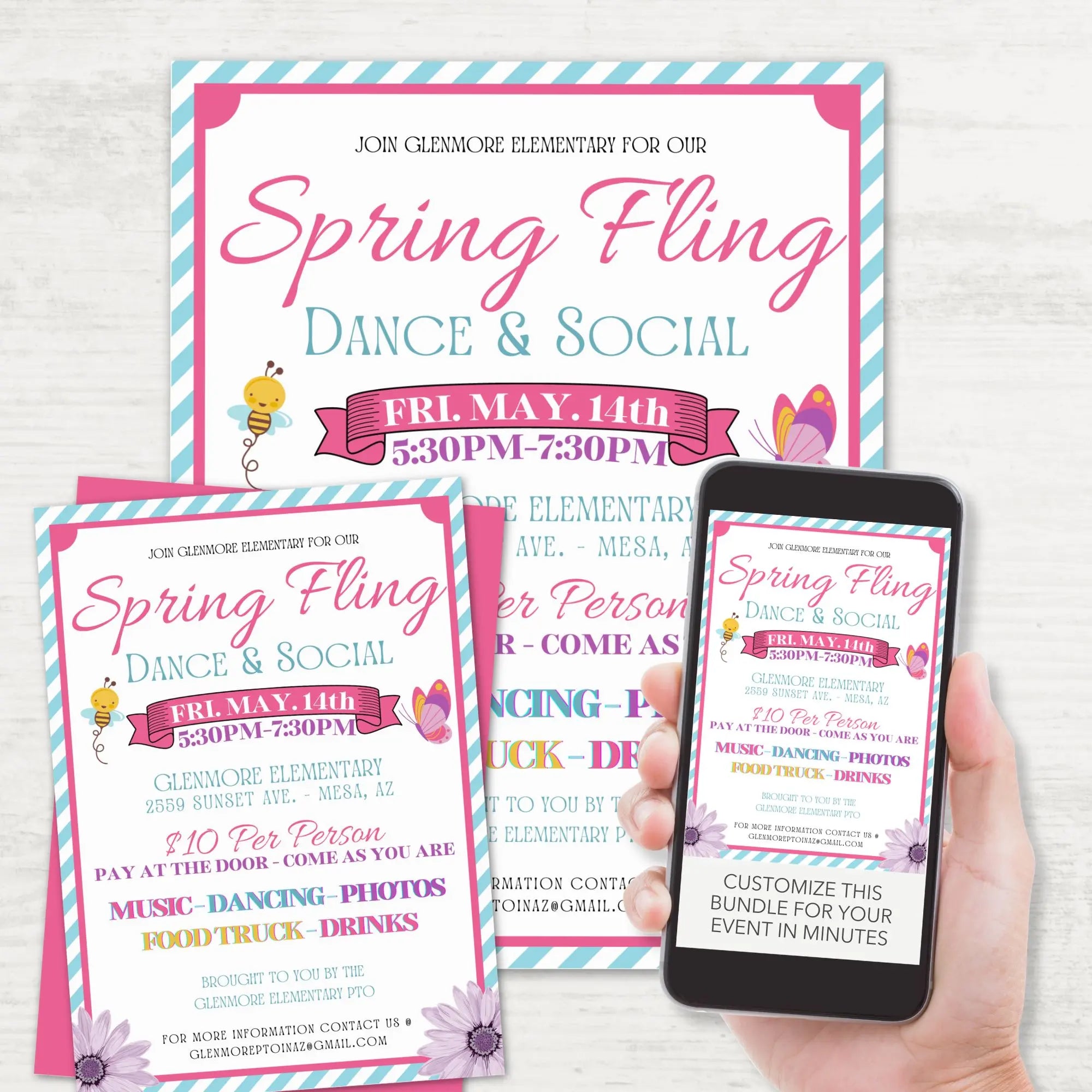 Set of Spring Flyers and Invitations personalized and displayed on a flyer and printed invitation on a wood surface and on a cell phone held in a hand.