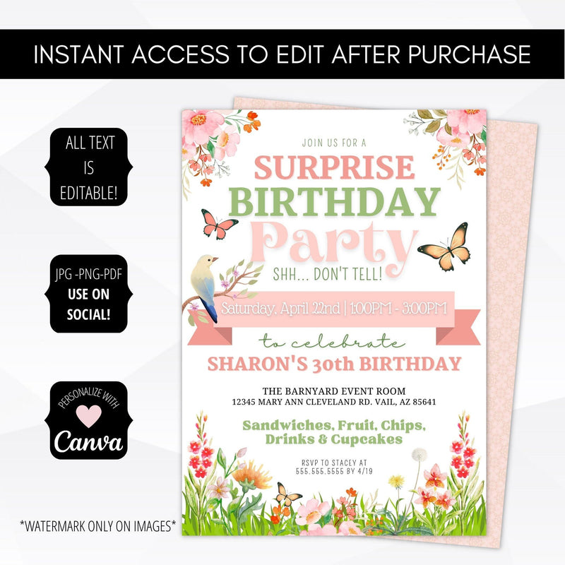 Spring Flowers Surprise Birthday Party Invitation - Simple Desert Designs