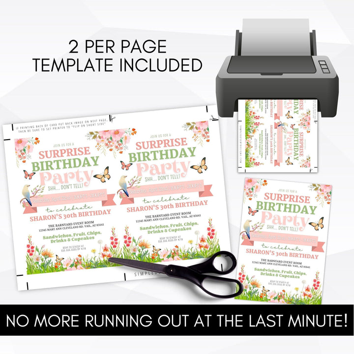 Spring Flowers Surprise Birthday Party Invitation | Simple Desert Designs