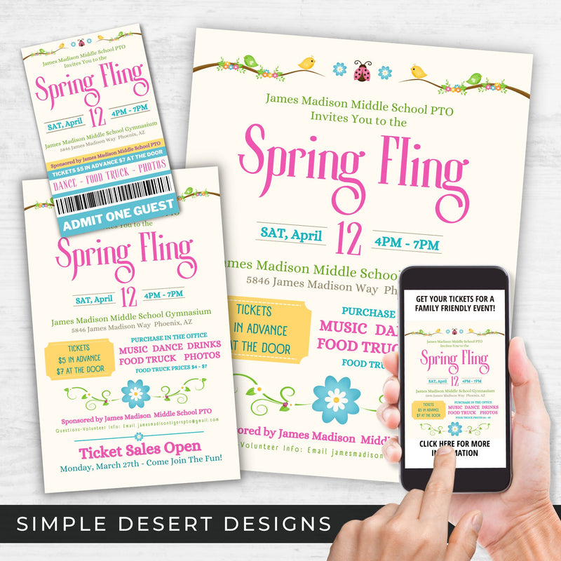 customizable spring fling social or school dance flyers with ticket template and flyer templates