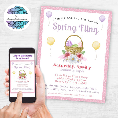 spring fling flyer in printed and digital invitation format for school or church event