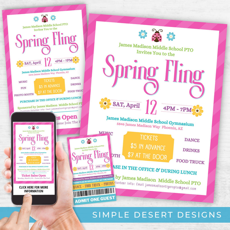 customizable spring fling flyers and dance tickets for school church or charity fundraiser