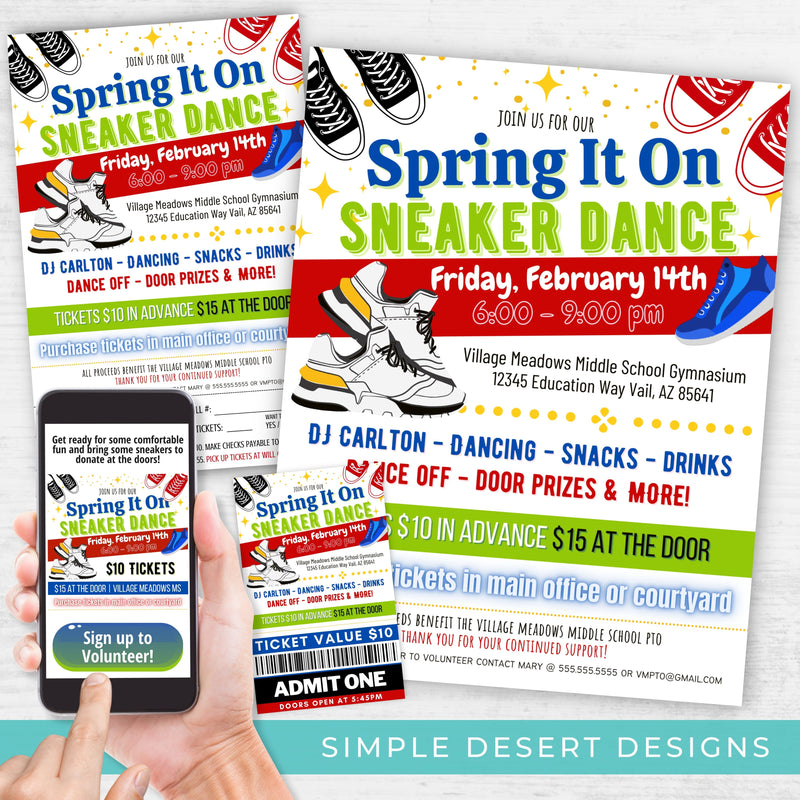 sneaker dance flyers and ticket template bundle for school or church charity event