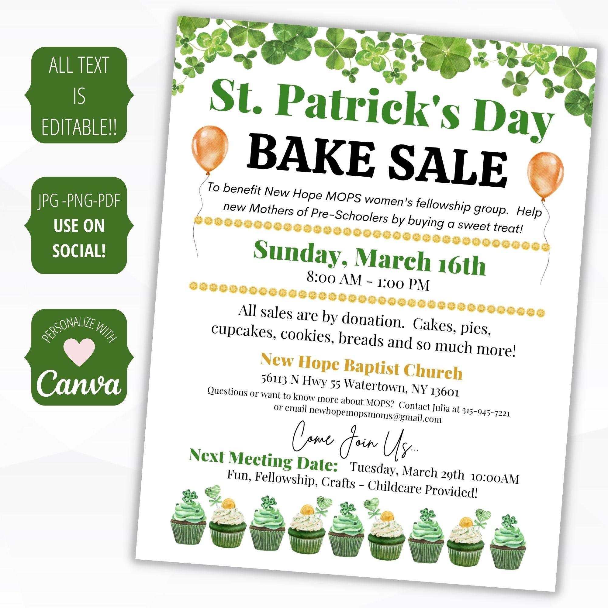 st pattys day school pto pta ptc bake sale flyer poster sign set charity fundraiser