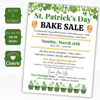 st pattys day school pto pta ptc bake sale flyer poster sign set charity fundraiser