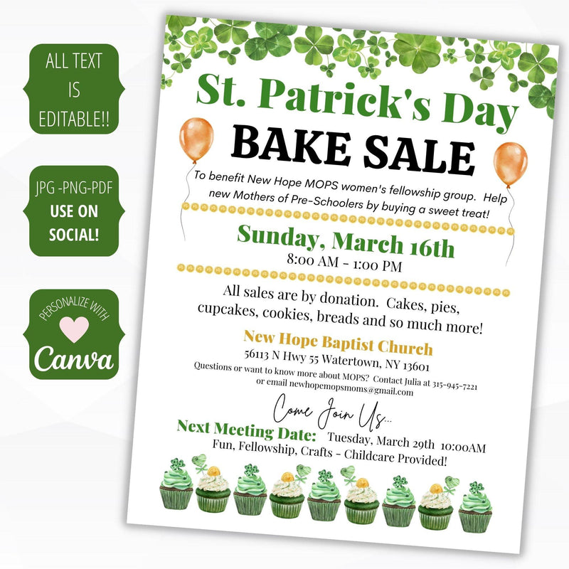 st pattys day school pto pta ptc bake sale flyer poster sign set charity fundraiser