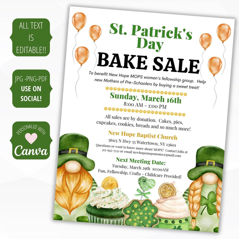 st pattys day school pto pta ptc bake sale flyer poster sign set charity fundraiser