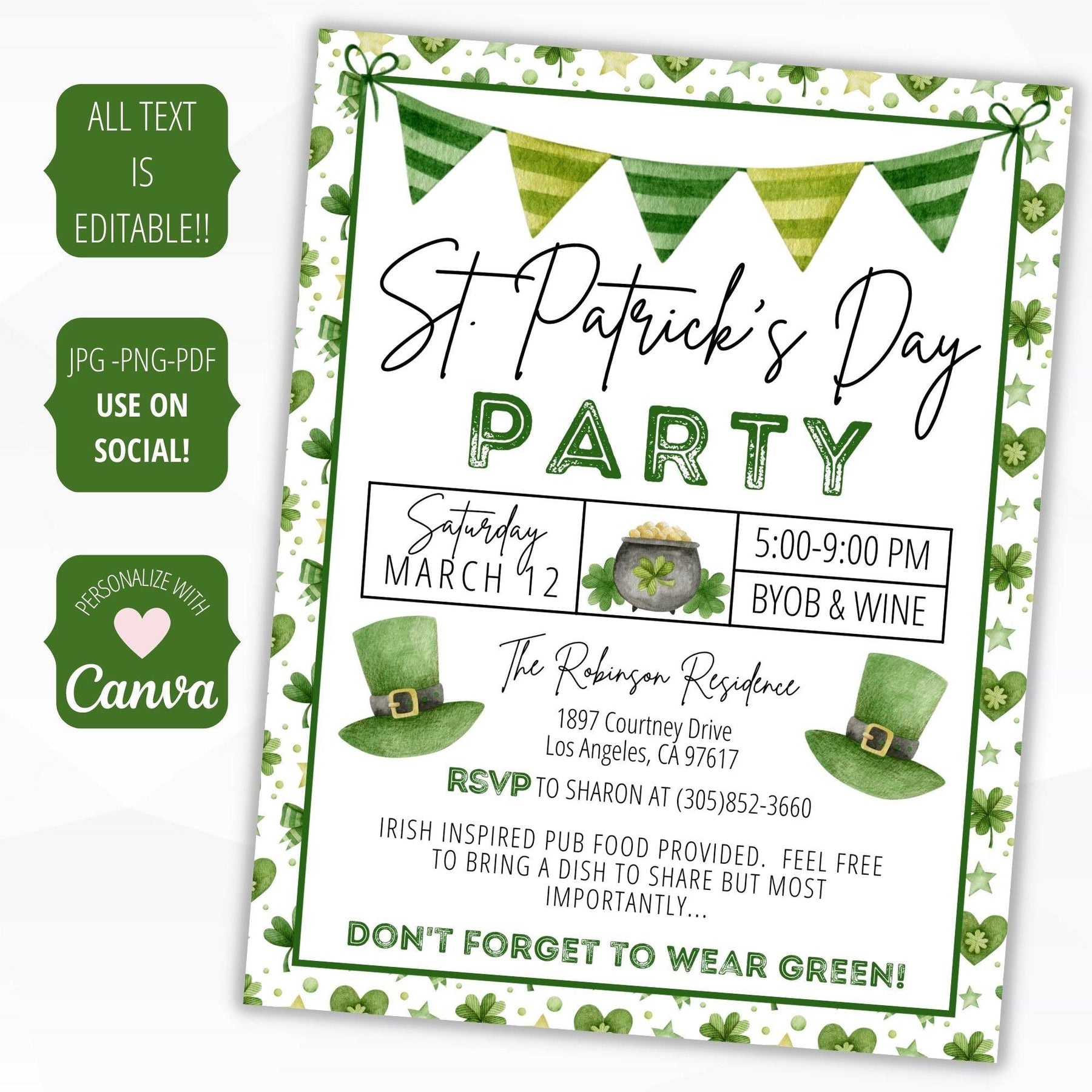St Patrick's Day Party Flyer Editable Template | Simple Desert Designs