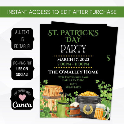 st patricks day shamrock leprechaun pot of gold beer invitation template