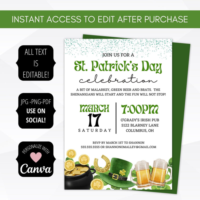 st patricks day shamrock leprechaun pot of gold beer invitation template