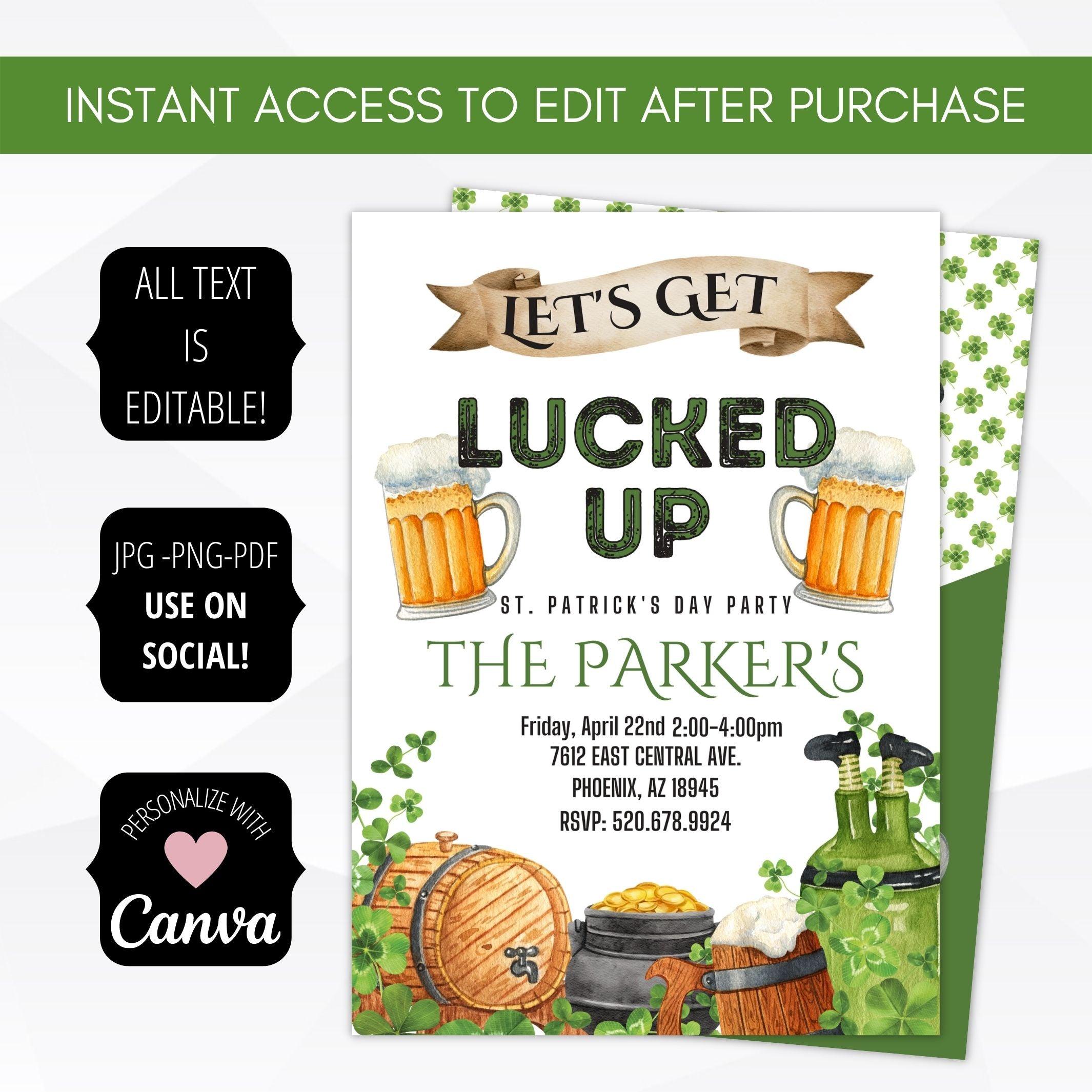 st patricks day shamrock leprechaun pot of gold beer invitation template