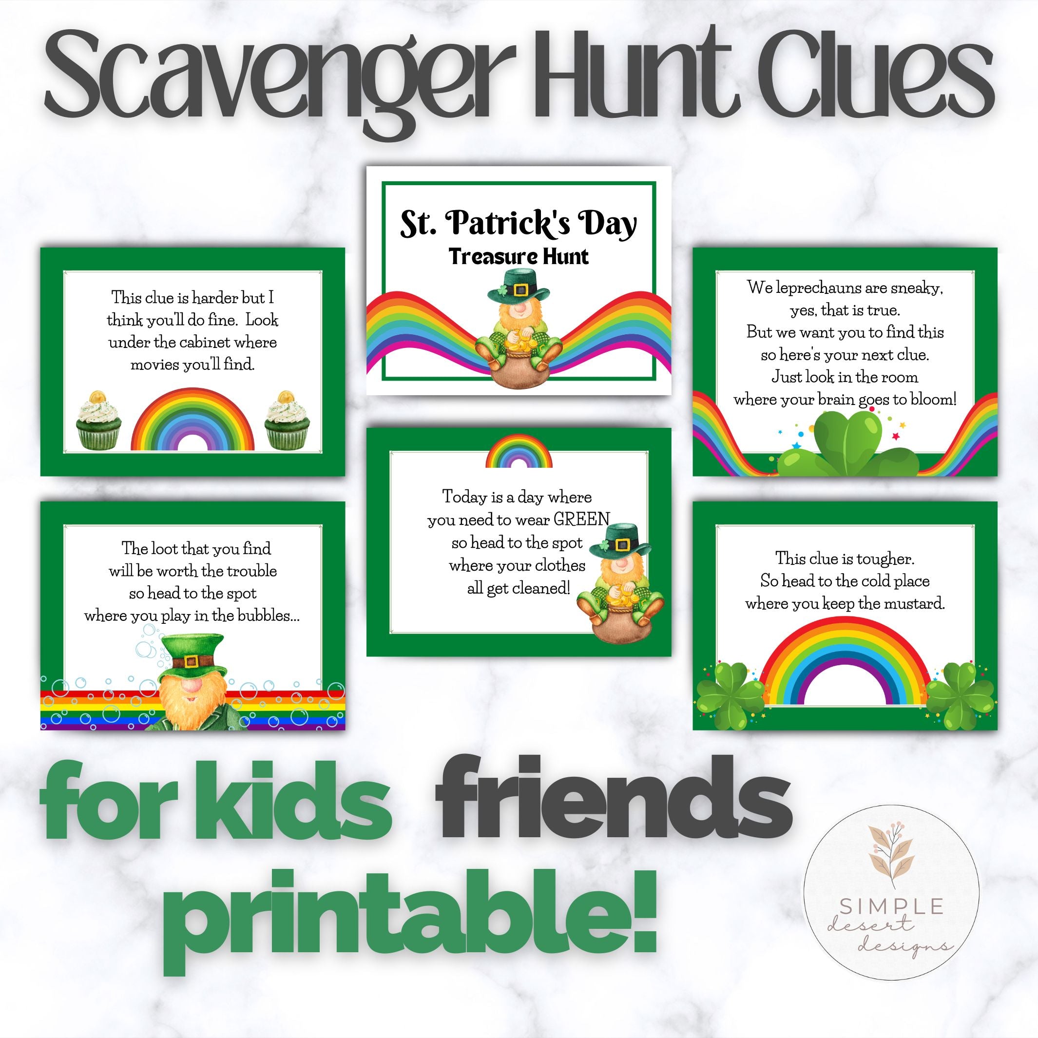 St. Patrick's Day scavenger hunt clues for kids on a white background with rainbow and shamrock graphics.